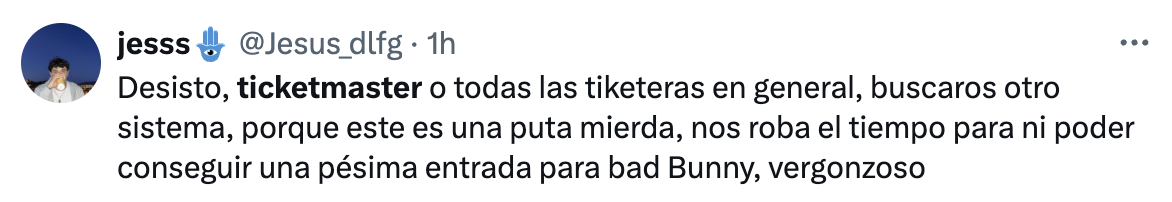 Captura de diversas críticas en X (Twitter) por la gestión de venta de entradas del Tour de Bad Bunny.