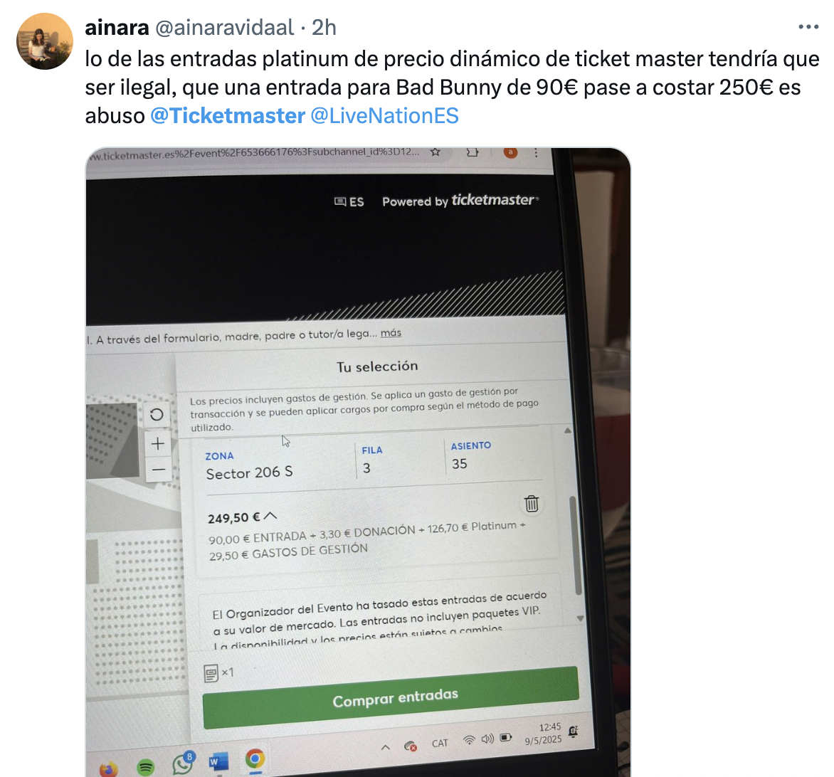 Captura de diversas críticas en X (Twitter) por la gestión de venta de entradas del Tour de Bad Bunny.
